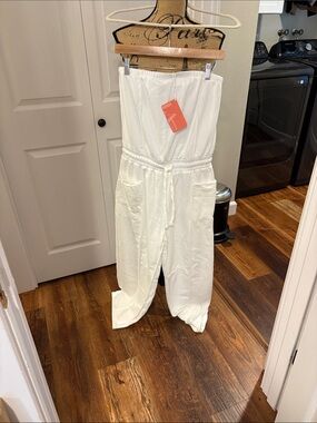 Strapless White Jumpsuit with Drawstring Waist